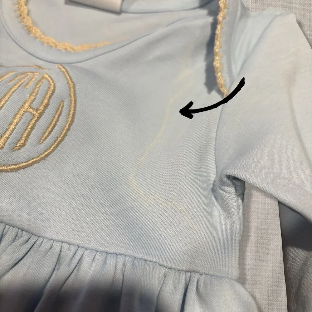 Squiggles by Charlie Blue Pima Cotton Monogram Sack Gown NB NWT Defect